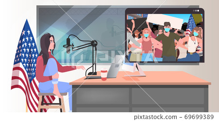 woman using laptop watching online video people in masks holding usa flags labor day celebration woman using laptop watching online video people in masks holding usa flags labor day celebration 69699389