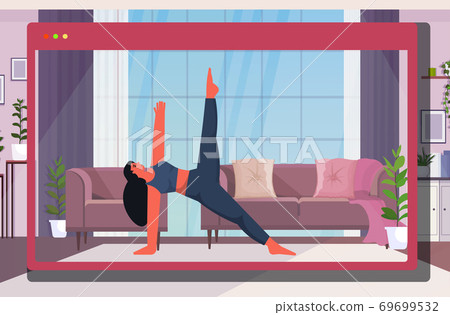 woman doing yoga exercise fitness training healthy lifestyle concept girl working out at home 69699532