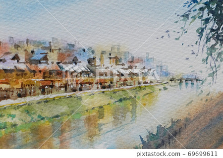 Kyoto Kamogawa watercolor landscape painting Kyoto Kamogawa watercolor landscape painting 69699611