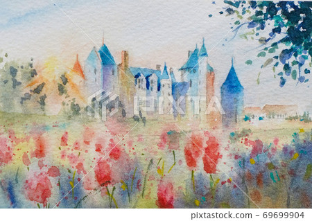 European old town watercolor painting landscape... - Stock Illustration ...