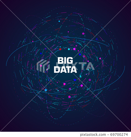 Big data visualization. An abstract circular cluster of points revolving around the center. Radial congestion of dots with copy space in the center. Design for science, technology. 69700274