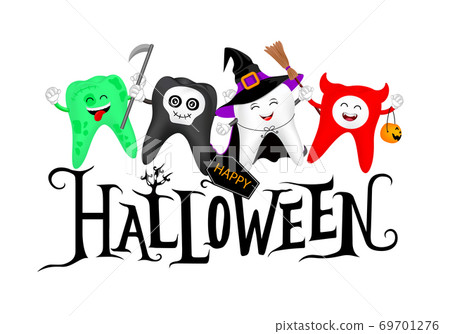 Halloween lettering design with cute cartoon tooth character. Halloween lettering design with cute cartoon tooth character. 69701276