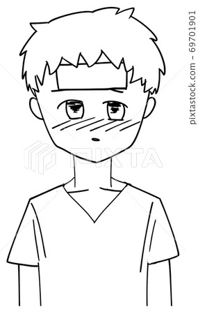 一名護士加熱並將濕的冷布放在額頭上[線條圖] 69701901