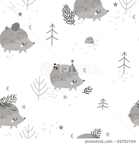 Christmas seamless pattern with hedgehogs. 69702589