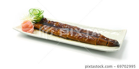 Unagi Grilled Eel with Sauce decorate pickled ginger carved vegetable Japanese Food Unagi Grilled Eel with Sauce decorate pickled ginger carved vegetable Japanese Food 69702995
