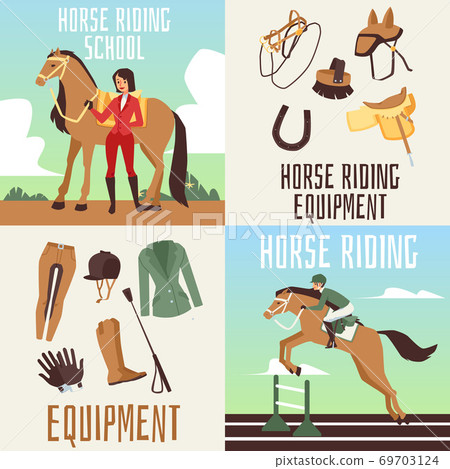 Equestrian sport cards for horse riding school, flat vector illustration. 69703124