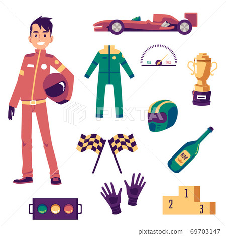 Set car racing icons or symbols with driver flat vector illustration isolated. Set car racing icons or symbols with driver flat vector illustration isolated. 69703147