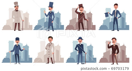 Gentlemen dressed in 19th century fashion, flat vector illustration isolated. 69703179