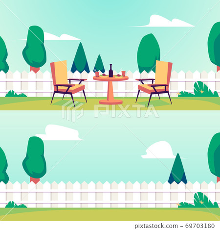 Set of summer backyard backgrounds without people, flat vector illustration. 69703180