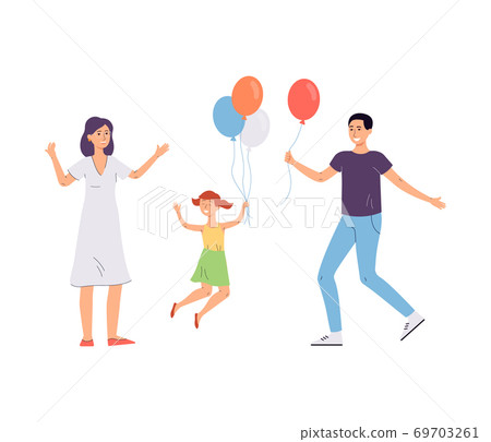 Happy cartoon family with balloons jumping from happiness. Happy cartoon family with balloons jumping from happiness. 69703261