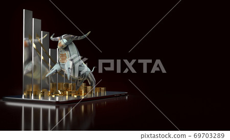 bull surface banknote and coins on tablet for business content 3d rendering. bull surface banknote and coins on tablet for business content 3d rendering. 69703289