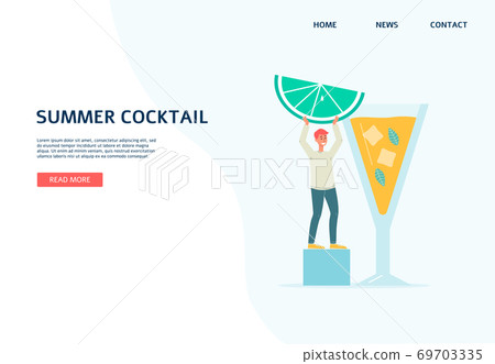 Summer cocktail and beverage web banner with tiny man, flat vector illustration. 69703335