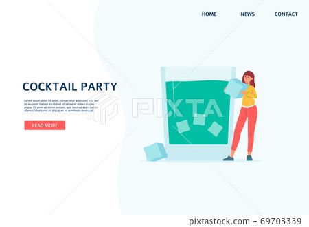 Cocktail drink with ice cubes - website banner template with cartoon woman 69703339
