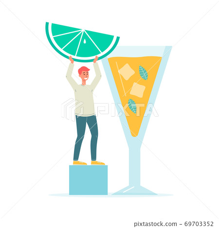 Tiny man making refreshing summer cocktail flat vector illustration isolated. 69703352