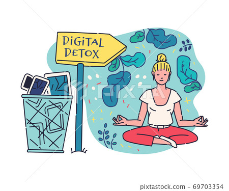 Digital detox with woman enjoying offline in... - Stock Illustration ...