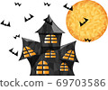 A mansion illuminated by the full moon on Halloween night 69703586