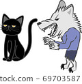 A werewolf with bare fangs irritated by a cool black cat 69703587