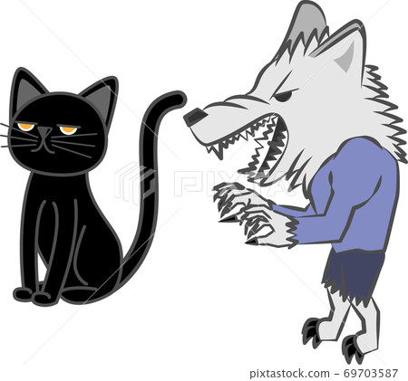 A werewolf with bare fangs irritated by a cool black cat A werewolf with bare fangs irritated by a cool black cat 69703587