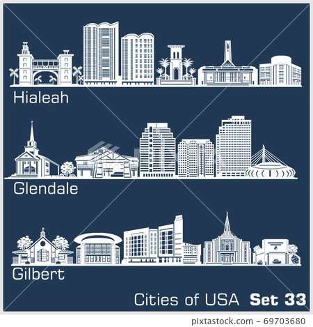 Cities of USA - Hialeah, Glendale, Gilbert. Detailed architecture. Trendy vector illustration. 69703680
