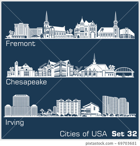 Cities of USA - Fremont, Chesapeake, Irving. Detailed architecture. Trendy vector illustration. 69703681