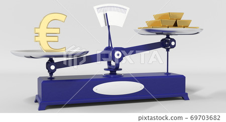 Euro symbol outweighs gold bars on balance scales. Financial market trend conceptual 3d rendering 69703682
