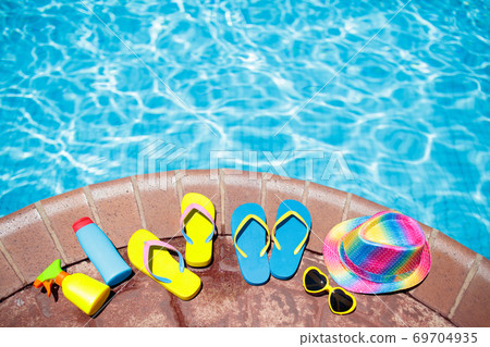 Pool and beach items flat lay. Summer vacation. 69704935