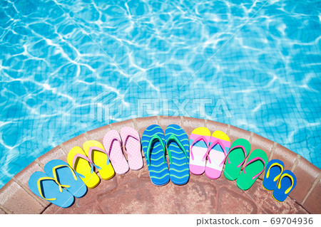 Pool and beach items flat lay. Summer vacation. 69704936