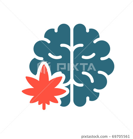 Human brain with marijuana colored icon. Cannabis treatment, anesthesia symbol 69705561