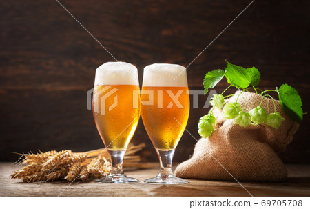 glasses of beer, wheat ears, and hops 69705708