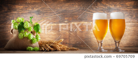 glasses of beer, wheat ears, and hops 69705709