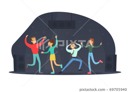 Happy Friends Dancing at Party. Young Men and Women Spending Time Together at Night Concept Cartoon Vector Illustration Happy Friends Dancing at Party. Young Men and Women Spending Time Together at Night Concept Cartoon Vector Illustration 69705940