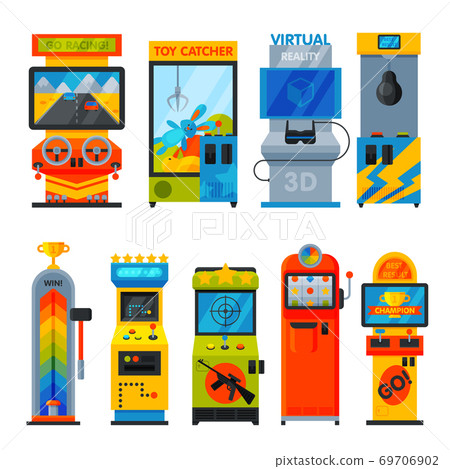 Arcade Game Machines Collection, Amusement Video Gaming Machinery Vector Illustration Arcade Game Machines Collection, Amusement Video Gaming Machinery Vector Illustration 69706902