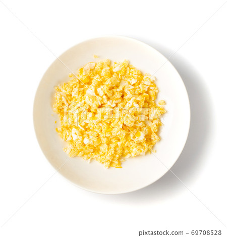 Scrambled egg isolated on white, from above, Stock image