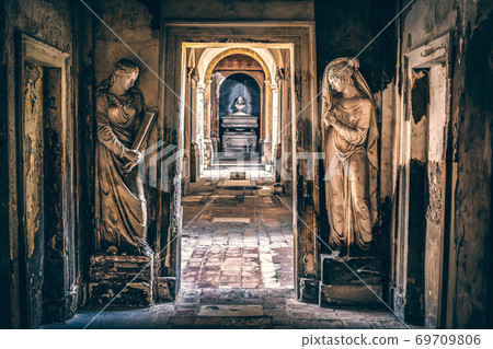 monumental cemetery symmetrical corridor background of mysterious places 69709806