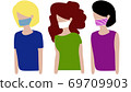Three women of different hair colours with a mask to protect against diseases and viruses, such as Corona virus 69709903