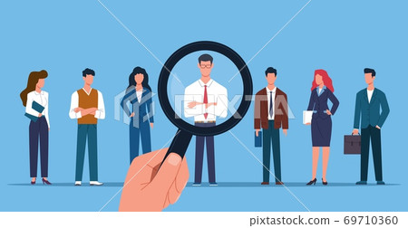 Human resource. Hand with magnifying glass chooses candidate from group, employee selection recruitment team hiring workers, future career choice process and competition vector flat concept 69710360