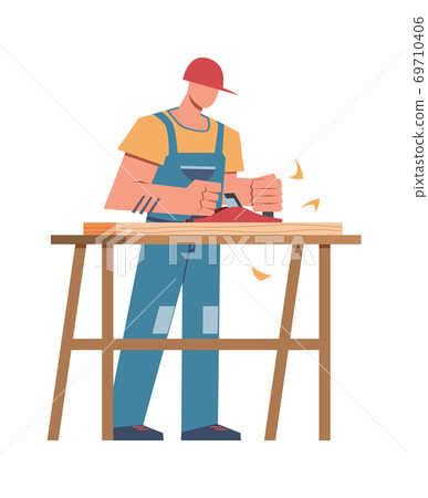 Builder and professional equipment. Carpenter with sawing board making wooden cabinet, home renovation or carpentry house repairing flat vector character 69710406