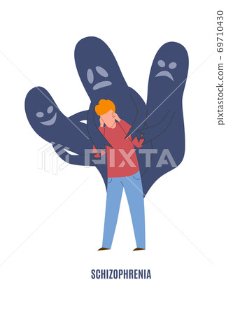 Schizophrenia mental disorder. Crying man in panic with ghosts, emotional pressure and psychological anxiety negative emotions before psychotherapy concept flat vector illustration Schizophrenia mental disorder. Crying man in panic with ghosts, emotional pressure and psychological anxiety negative emotions before psychotherapy concept flat vector illustration 69710430