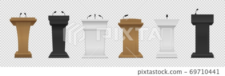 Tribune set. Realistic different color podium with microphones front view, pedestal for lecture, award ceremony, interview and political debate, 3d empty platform vector isolated set Tribune set. Realistic different color podium with microphones front view, pedestal for lecture, award ceremony, interview and political debate, 3d empty platform vector isolated set 69710441