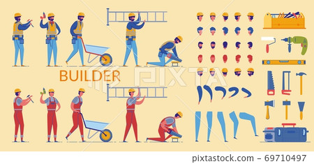 Builder Characters in Uniform with Equipment. 69710497