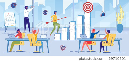 Office with Workers Doing Different Tasks Flat. Office with Workers Doing Different Tasks Flat. 69710501