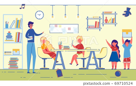 Banner Teaching Children in Apartment, Cartoon. Banner Teaching Children in Apartment, Cartoon. 69710524