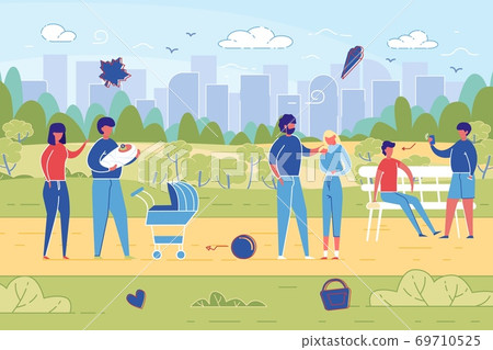 Family with Children Rest at Park Flat Vector. 69710525