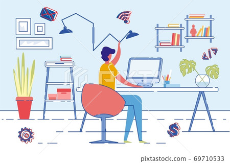 Male Person Working at Home in Front Computer. Male Person Working at Home in Front Computer. 69710533