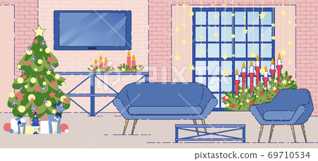 Apartment Interior Holiday Decoration Flat Vector Apartment Interior Holiday Decoration Flat Vector 69710534