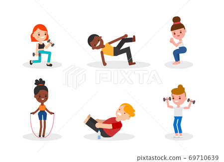 People doing body weight training, sit up, squat, dumbbell exercise, rope jumping. People doing body weight training, sit up, squat, dumbbell exercise, rope jumping. 69710639