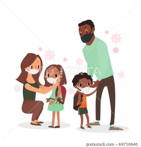 Parent protecting their children from coronavirus. 69710640