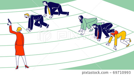 Unfair Business Competition Concept. Businessmen and Women Characters Stand in Low Start Posture Prepare to Run Unfair Business Competition Concept. Businessmen and Women Characters Stand in Low Start Posture Prepare to Run 69710993