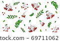 Autumn theme of rowan berries and leaves, green-coloured leaves, red and orange rowanberries 69711062