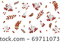 Autumn theme of rowan berries and leaves, autumn-coloured leaves, red and orange rowanberries 69711073